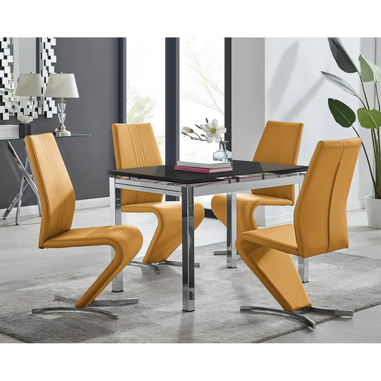 Enna Black Glass Extending Dining Table And 4 Mustard Willow Chairs