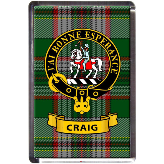 Craig Tartan Fridge Magnet with Scottish Clan Crest on Clear Acrylic Rectangular Base