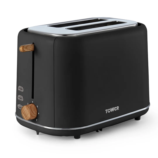 Tower T20027BLK Scandi 2 Slice Toaster With Adjustable Browning Control, Centring Function, 800W, Black