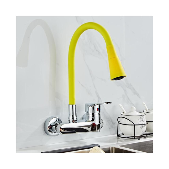 (yellow) Wall Mounted Kitchen Faucet, Mixers Sink Tap, Swivel Flexible Hose, Double Holes