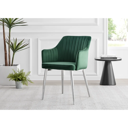 Novara Round Glass Dining Table & 4 Green Calla Silver Leg Velvet Chairs