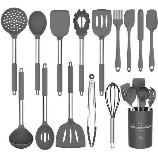 Kitchen Utensil Set, 15pcs Silicone Cooking Kitchen Utensils Set, Cooking Tools Turner Tongs Spatula Spoon for Nonstick Heat Resistant Cookware (Grey)