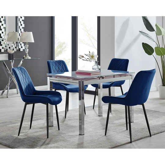 Enna Black Glass Extending Dining Table And 6 Navy Pesaro Black Leg Chairs