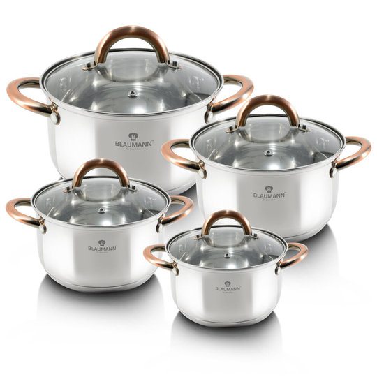 Blaumann Gourmet 8Pc Cookware Set Stainless Steel Pot Rose Gold Handle Induction