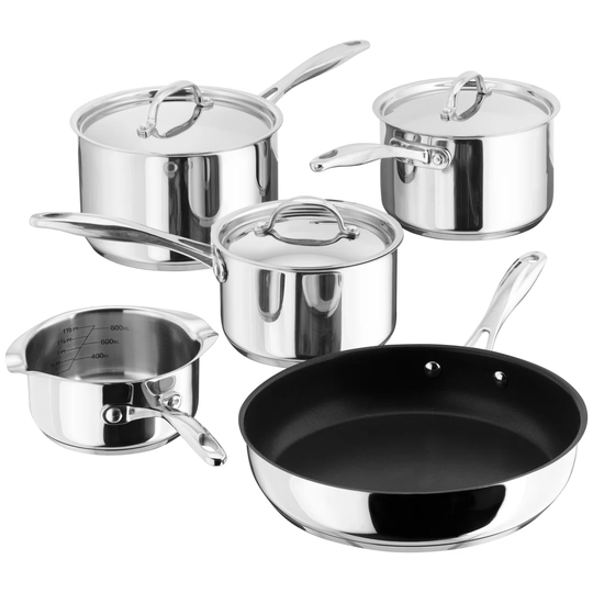 Stellar 7000 Set of 5 Stainless Steel Draining Saucepans, 14/16/18/20 and 26cm Non-Stick Frying Pan