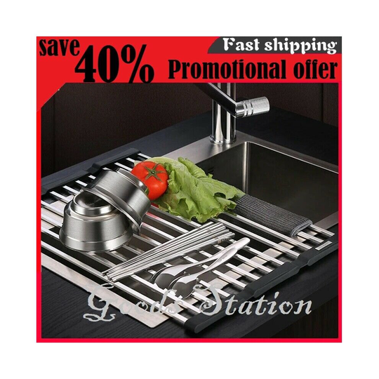 Dish Drainer Stainless Steel Over Sink Roll-Up Drying Rack Draining Mat Strainer