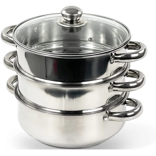 22cm 3 Tier Stainless Steel Steamer Pot Vegetable Seafood Meat Food Steamer Cooker Cooking Pot Kitchen Pan Set Large Metal Steamer -work For Induction