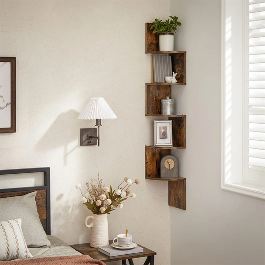 Corner Shelf, 5-Tier Floating Wall Shelf With Zigzag Design, Bookshelf, Rustic Brown