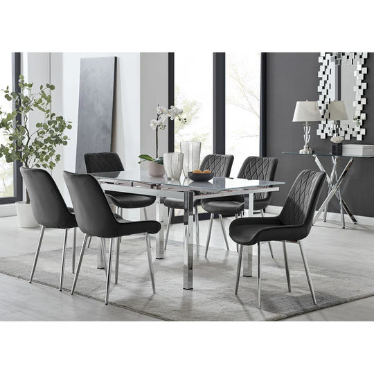 Enna White Glass Extending Dining Table And 6 Black Pesaro Silver Leg Chairs
