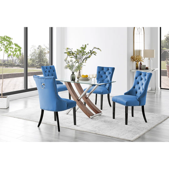 Mayfair Glass & Brown Wood Effect Dining Table & 4 Blue Belgravia Black Leg Chairs