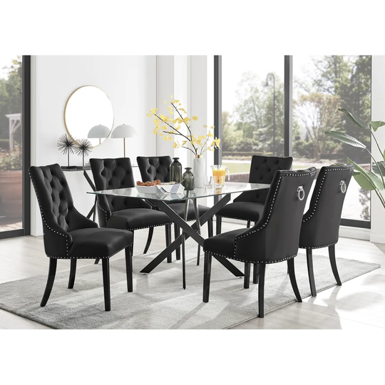 Leonardo Black Leg Glass Dining Table & 6 Black Belgravia Black Leg Chairs