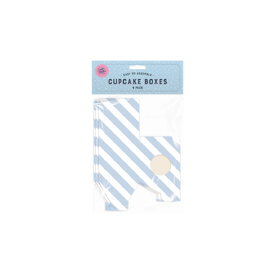 (Blue Stripes) 6 Pack Beautiful Cupcake Boxes Pink Blue Green Lilac, Spots or Stripes