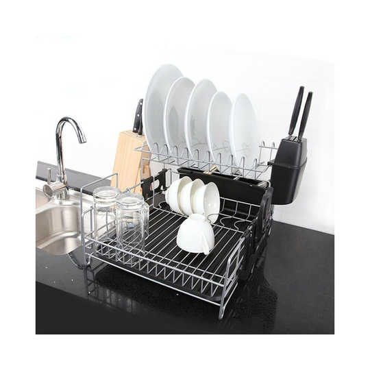2 Tiers Dish Drainer Rack Kitchen Sink Cutlery Plates Board Cup Holder