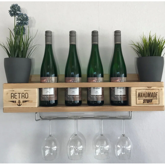 Alma 4 Bottle Solid Wood Wall Mounted Wine Bottle & Glass Rack in Wood
