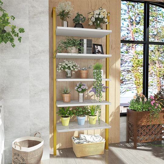 5 Tier Ladder Bookshelf With Storage, Open Wall Mount Bookcase Wooden Ladder Shelf Organizer With Metal Frame, Display Storage Rack Shelves For Living