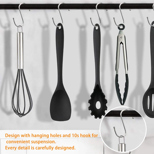 20 Pcs Silicone Kitchen Utensils, Cooking Tool Set Heat Resistant Silicone Kitchenware, Non-Stick Kitchen Baking Tools 10 Sets + 10 S Hooks - Black