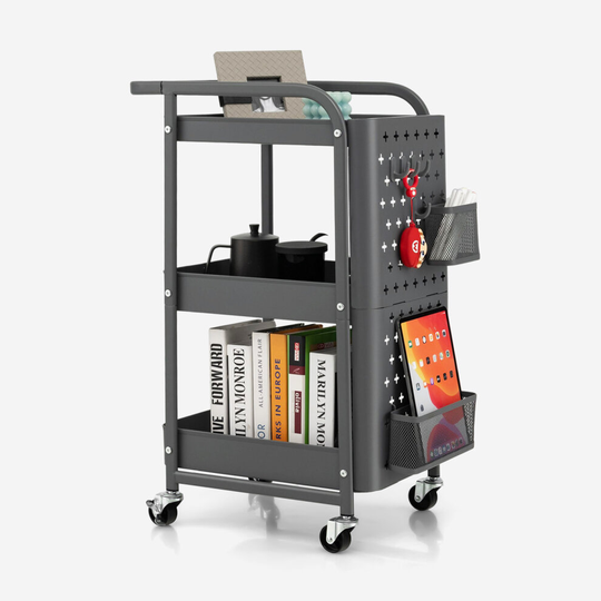 3-Tier Rolling Cart Storage Trolley Organizer w/ Pegboards&2 Baskets