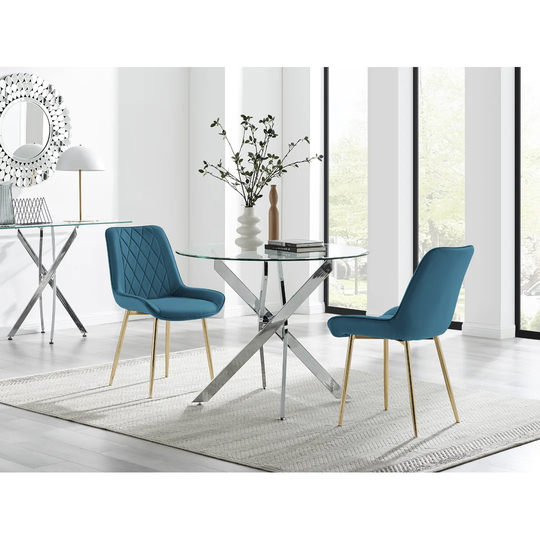 Novara 100Cm Round Dining Table And 2 Blue Pesaro Gold Leg Chairs