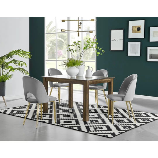 Anders Dark Walnut Solid Wood Dining Table & 4 Grey Arlon Gold Leg Chairs