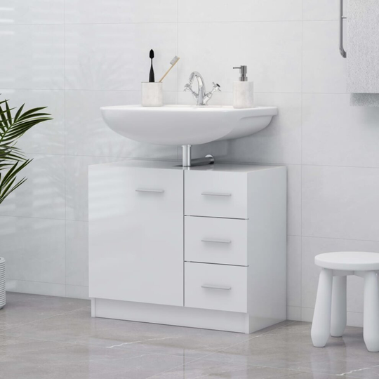 vidaXL Sink Cabinet High Gloss White Chipboard Cupboard Storage Rack Organiser