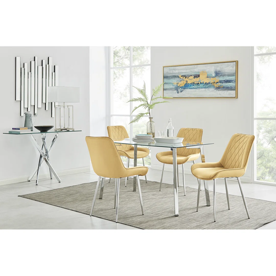 Cosmo Dining Table And 4 Mustard Pesaro Silver Leg Chairs