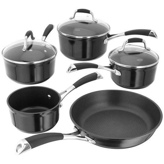 Stellar Forged, 5 Piece Non-Stick Black Aluminium Saucepan Set, 14cm Non-Stick Milk pan, 16/18/20cm Non-Stick Saucepans & 24cm Non-Stick frying pan