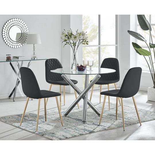 Selina Round Dining Table And 4 Black Corona Gold Leg Chairs