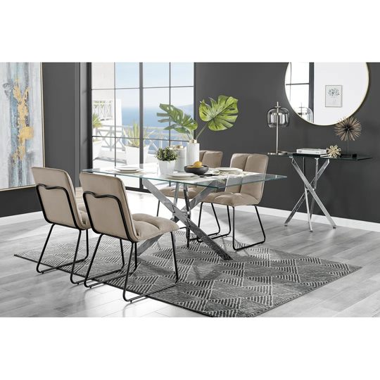 Leonardo Glass And Chrome Dining Table & 4 Taupe Menen Chairs