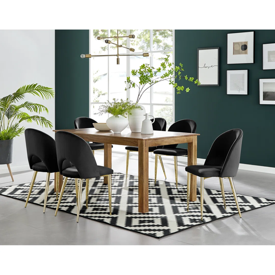 Anders Honey Solid Wood Dining Table & 6 Black Arlon Gold Leg Chairs