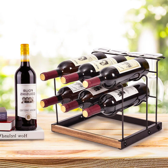 Conesville 6 Bottle Solid Wood Tabletop Wine Bottle and Glass Rack in Black