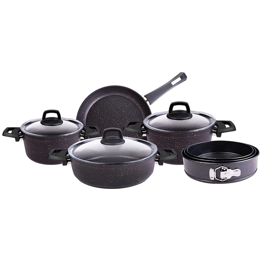 Biogranit Blackgold 7 Pieces Cookware Set, Natural Granite, Healthy Non-Stick Coating, 7X More Resistant Against Scratches, Pan Pot Saucepan And Cake