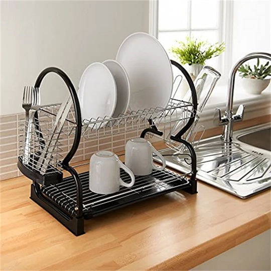 Dish Drainer Rack 2-Tier Easy Assemble Kitchen Dish Drying Rack Utensil Holder Basket For Pots Bowls & Plates With Tray