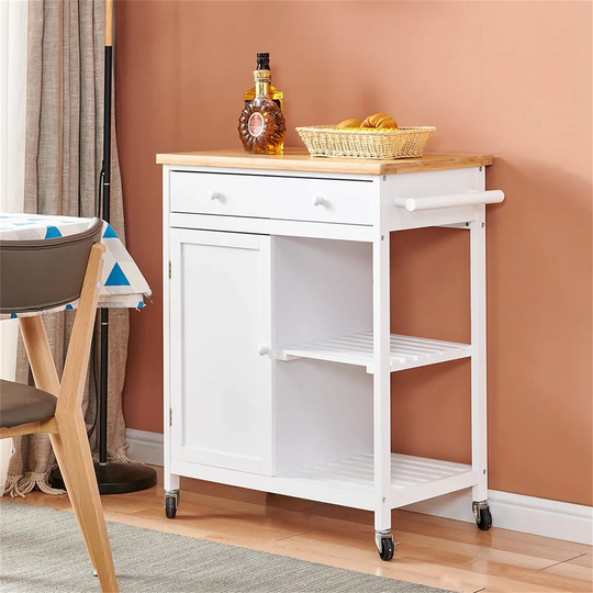 Rolling Kitchen Island With Large Drawer Shelves Locking Wheels, Wooden Kitchen Storage Trolley With Bamboo Table Top, Dining Room Organizer Sideboard