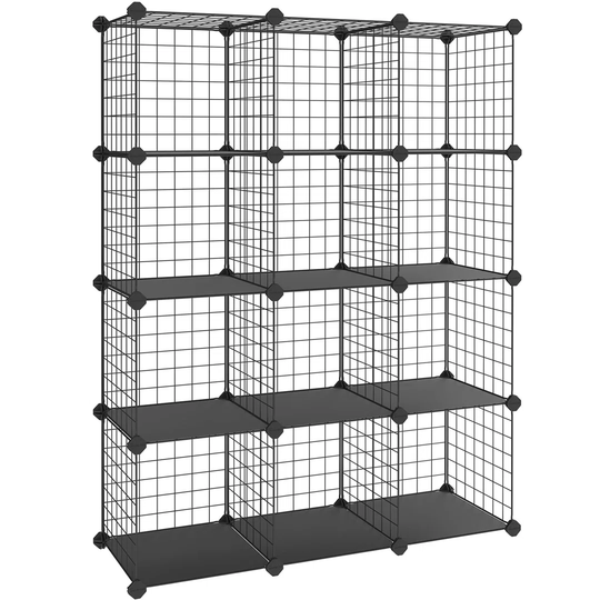 12 Cubes Wire Grid Storage Rack, Interlocking Shelving Unit With Metal Mesh Shelves And PP Plastic Sheets, For Books Shoes Toys Clothes Tools, In Livi