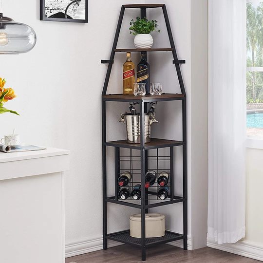 Risanna 16 Bottle Floor Wine Bottle & Glass Rack in Rustic Brown