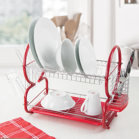 SQ Professional Two Tier Dish Rack with Drip Tray Rinse Basket