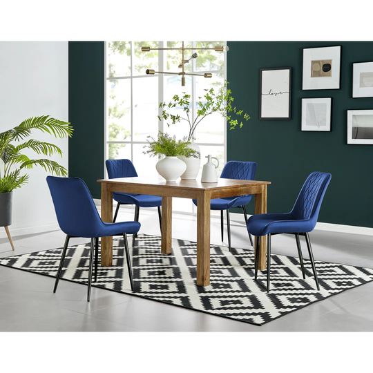Anders Honey Solid Wood Dining Table & 4 Navy Pesaro Black Leg Chairs