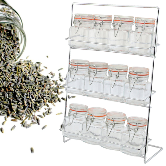 Apollo Set Of 12 Clip Top Spice Jars With Chrome Storage Rack Kitchen New