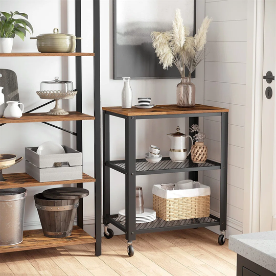 Serving Cart Trolley, Industrial Kitchen Rolling Utility Cart, Heavy Duty Storage Organiser, Wheels, For Kitchen And Living Room, Rustic Brown