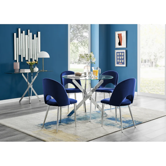 Novara Round Glass Dining Table & 4 Blue Arlon Silver Leg Chairs