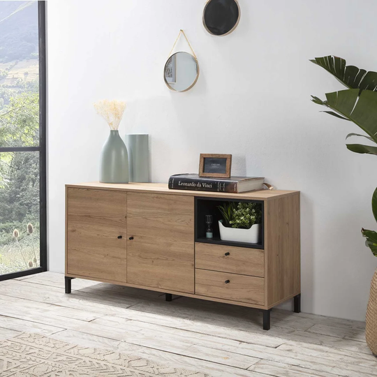 LOW Sideboard Javea 2 Drawers, 2 Doors And 1 Hollow, Wood And Black Color, 136.5 Cm (Width) 40 Cm (Depth) 67.5 Cm (Height)