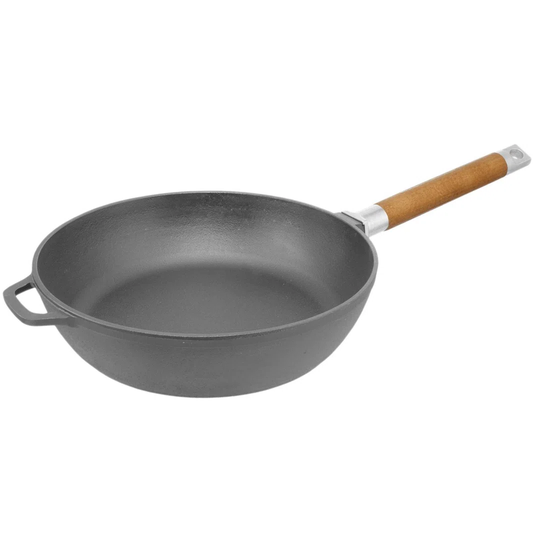 Cast iron frying pan with removable wooden handle