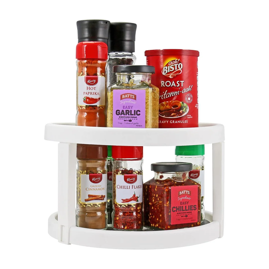 2 Tier Corner Spice Rack For Cabinets, Worktop, Condiments, Oils, Spices | Non Slip Base | Made Of Durable Plastic | Drawer Cutlery Organiser