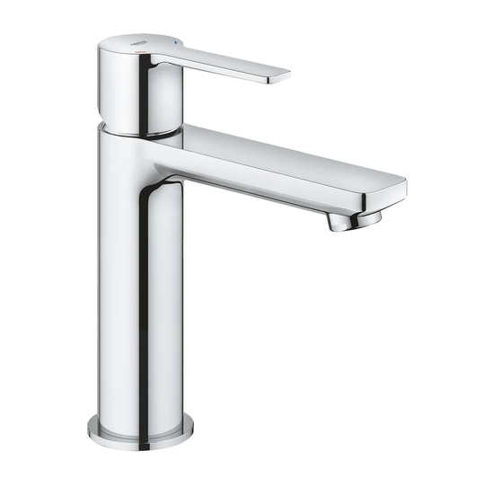 GROHE Lineare Single-lever basin mixer with push-open pop-up waste. An eco-friendly chrome tap with a rectangular standard high spout. Easy to install