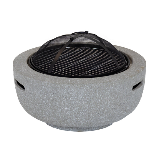 Charles Bentley 60cm Round Magnesia Fire Pit with Mesh Cover Cooking Grill with Poker Lightweight Modern MgO