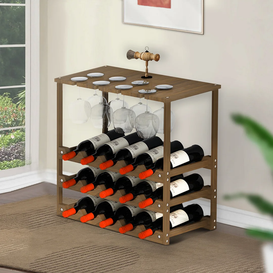 Hulmeville 15 Bottle Solid Wood Floor Wine Bottle & Glass Rack in Cool Brown
