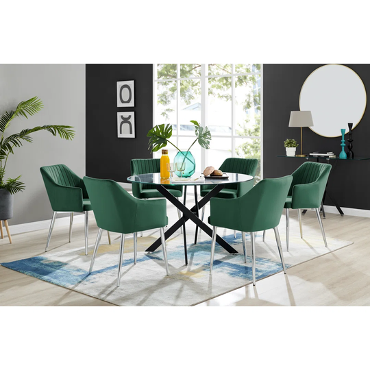 Novara Black Leg Round Glass Dining Table & 6 Green Calla Silver Leg Chairs