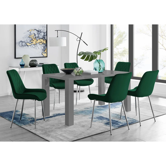 Pivero 6 Grey Dining Table And 6 Green Pesaro Silver Leg Chairs
