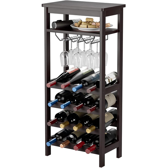 Bamboo Wine Rack, Free Standing Wine Display Shelves With Glass Holder Rack, Open Shelf & 16 Bottles Holder, Wobble-Free Wine Bottle Organizer Shelf,