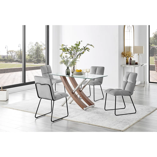 Mayfair Glass & Brown Wood Effect Dining Table & 4 Light Grey Menen Chairs
